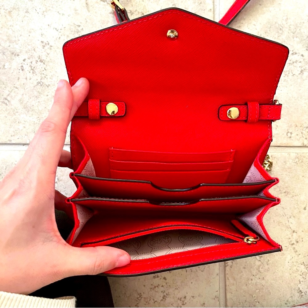 Michael Kors Cherry Red Mini Crossbody Bag with Gold Chain Everyday Casual Purse - Picture 8 of 12